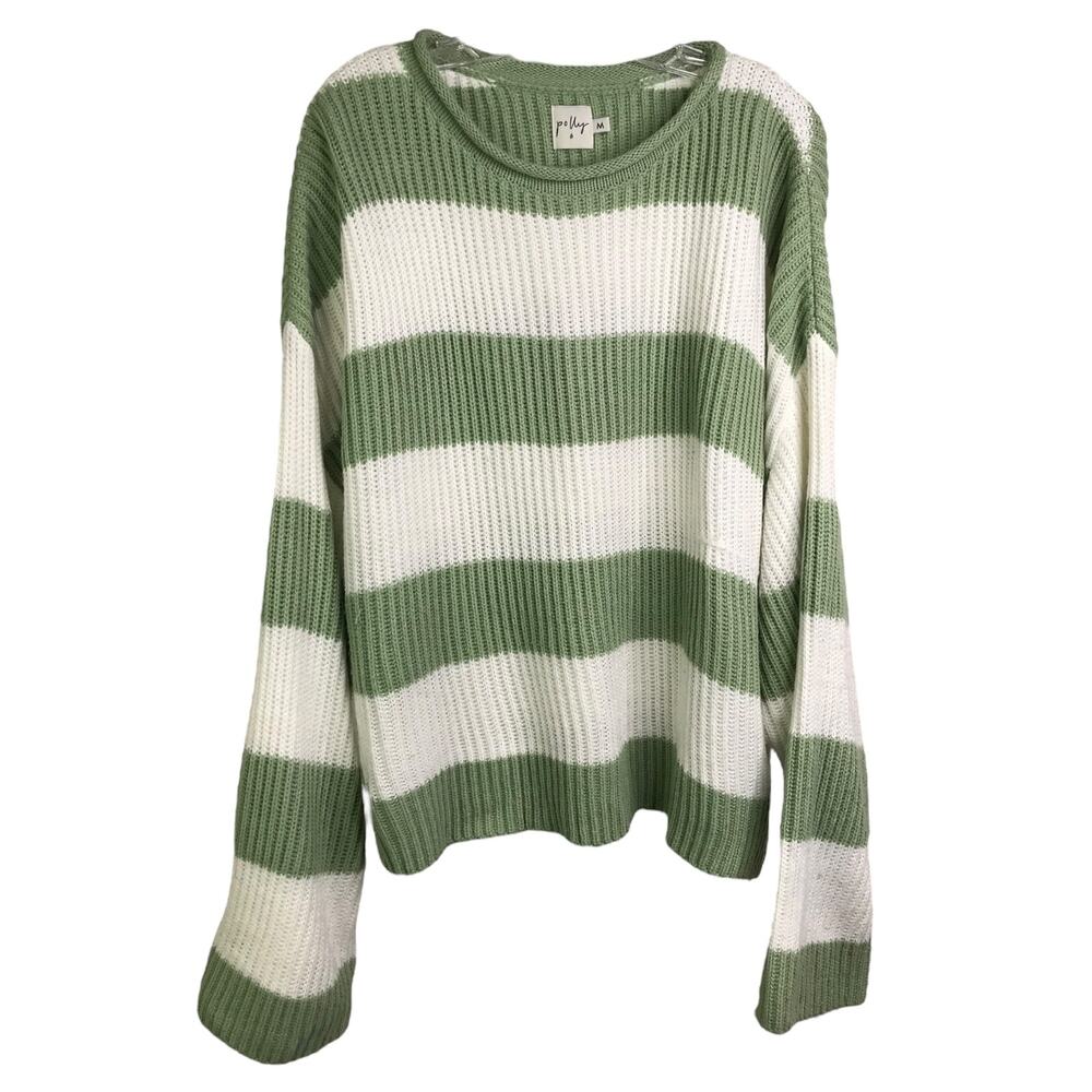 Polly Sweater Womens Size Medium Green & White Striped Knit Crewneck Long Sleeve